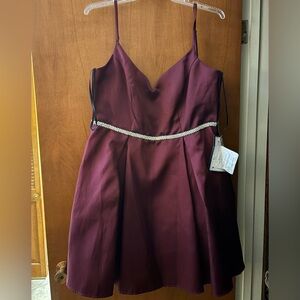 B Darlin V-Neck Burgundy Prom Dress with Rhinestone Waist